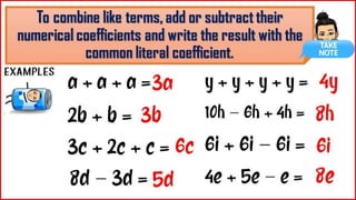 To combine like terms, add or
subtract their numerical coefficients
and write the result with the common
literal coefficient.
a + a + a
=
2b + b =
3c + 2c +
c =
8d – 3d =
y + y + y
+ y =
10h – 6h +
4h =
6i + 6i –
6i =
4e + 5e –
e =
3
a
3
b 6
c
5
d
4
y
8
h
6i
8
e
 
