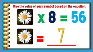 x 8 =
56
Give the value of each symbol based
on the equation.
=
_____
7
 