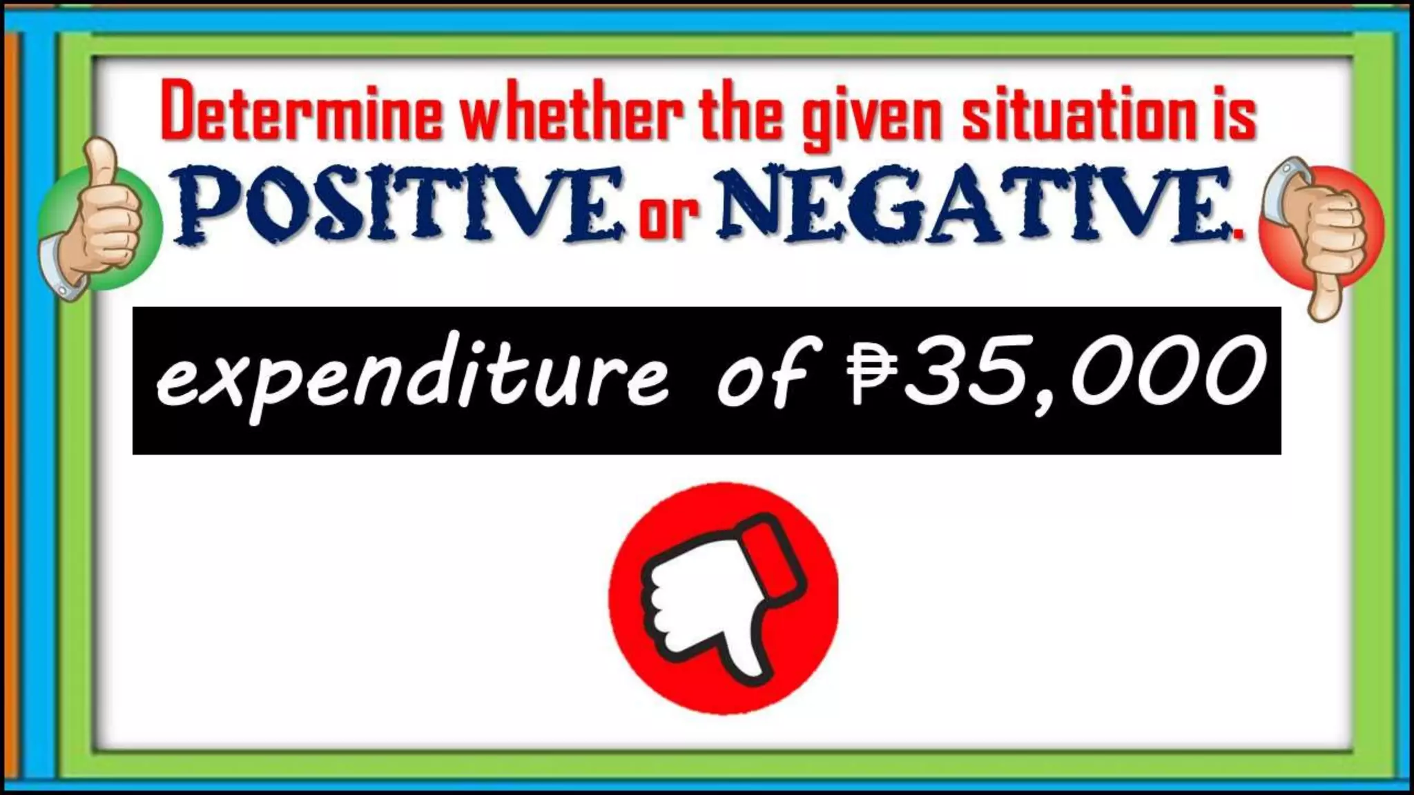 expenditure of ₱35,000
Determine whether the given
situation is positive or
negative.
 