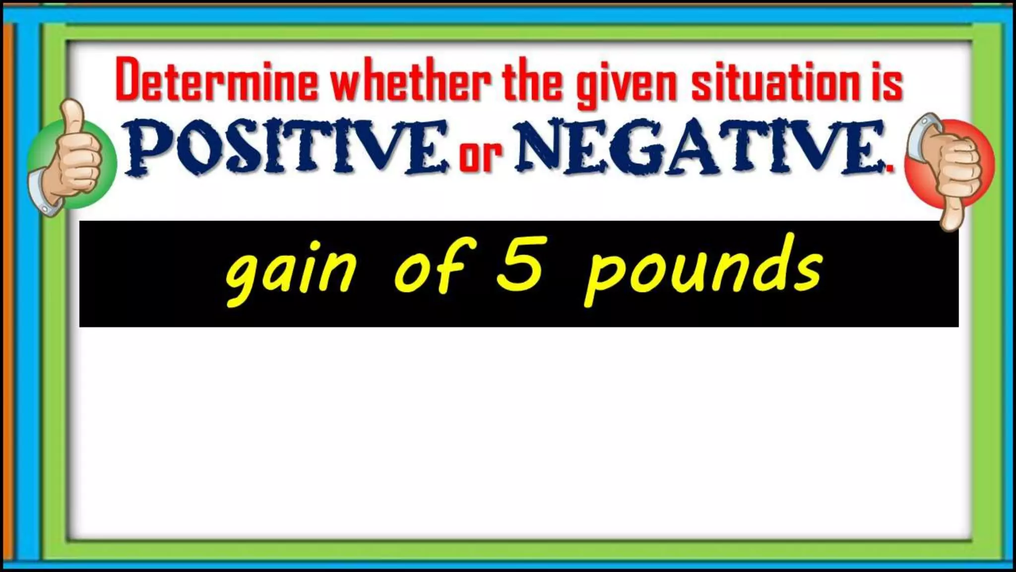 gain of 5 pounds
Determine whether the given
situation is positive or
negative.
 
