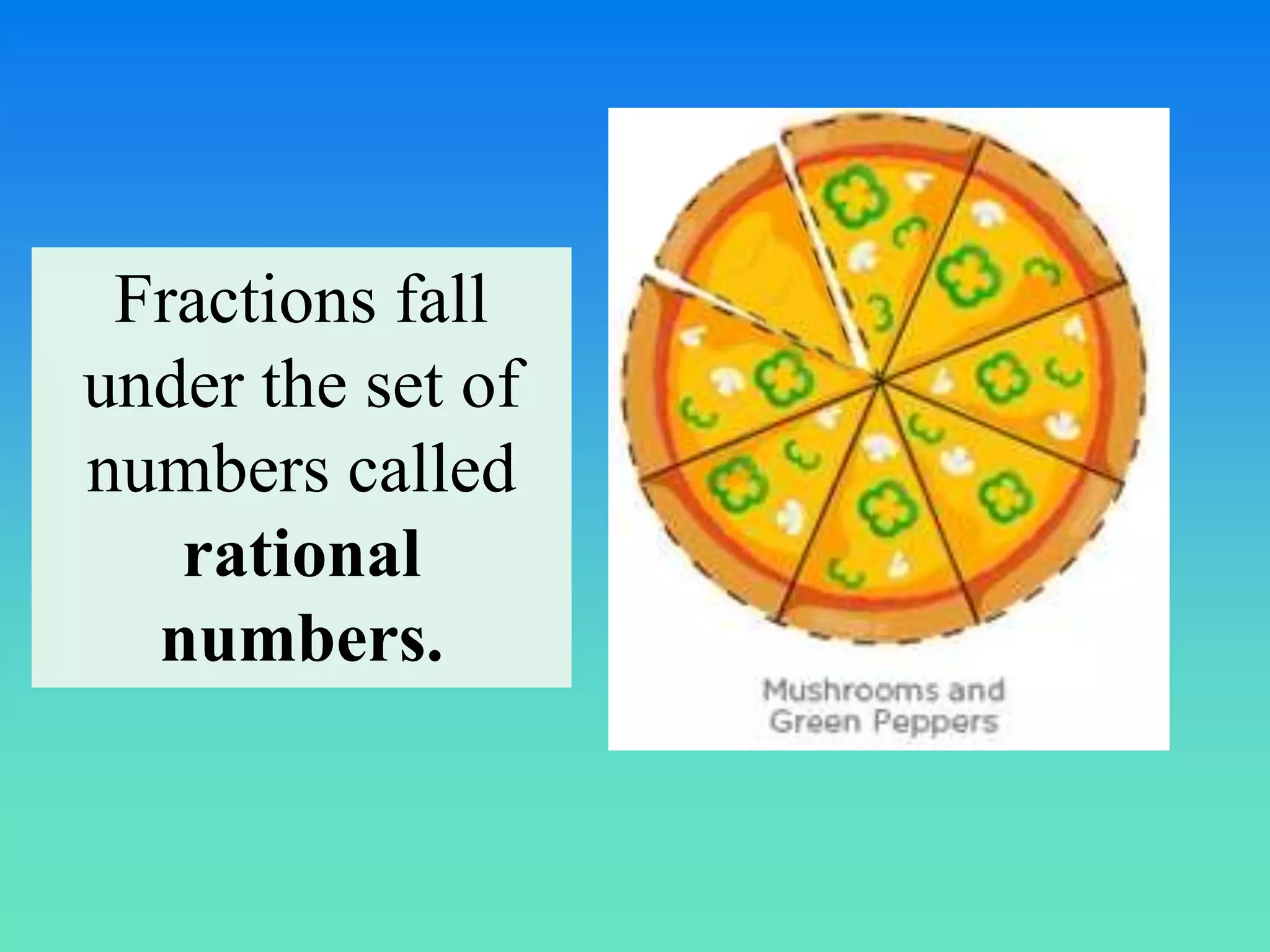 Fractions fall
under the set of
numbers called
rational
numbers.
 