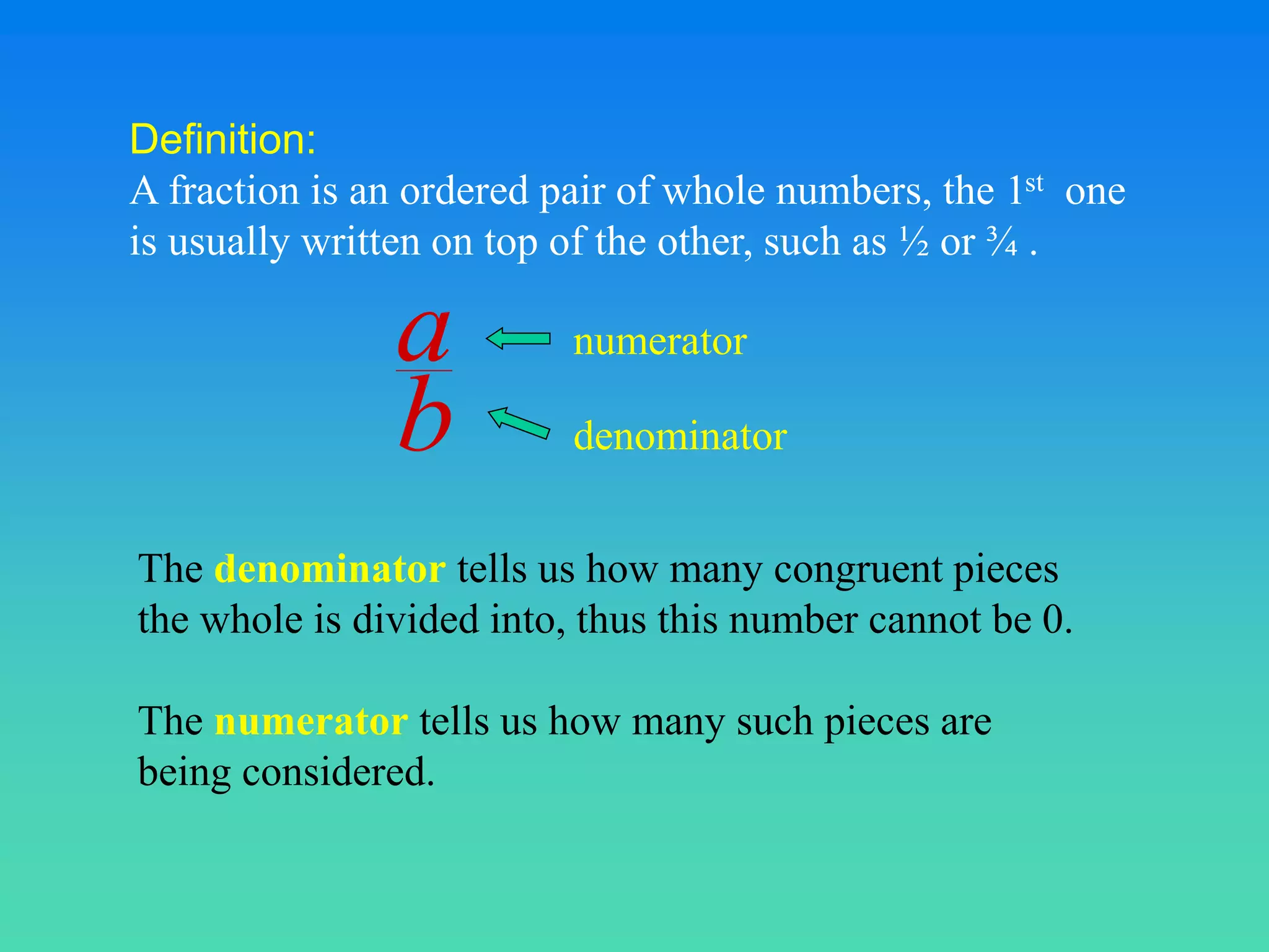 Definition:
A fraction is an ordered pair of whole numbers, the 1st one
is usually written on top of the other, such as ½ or ¾ .
The denominator tells us how many congruent pieces
the whole is divided into, thus this number cannot be 0.
The numerator tells us how many such pieces are
being considered.
numerator
denominator
b
a
 