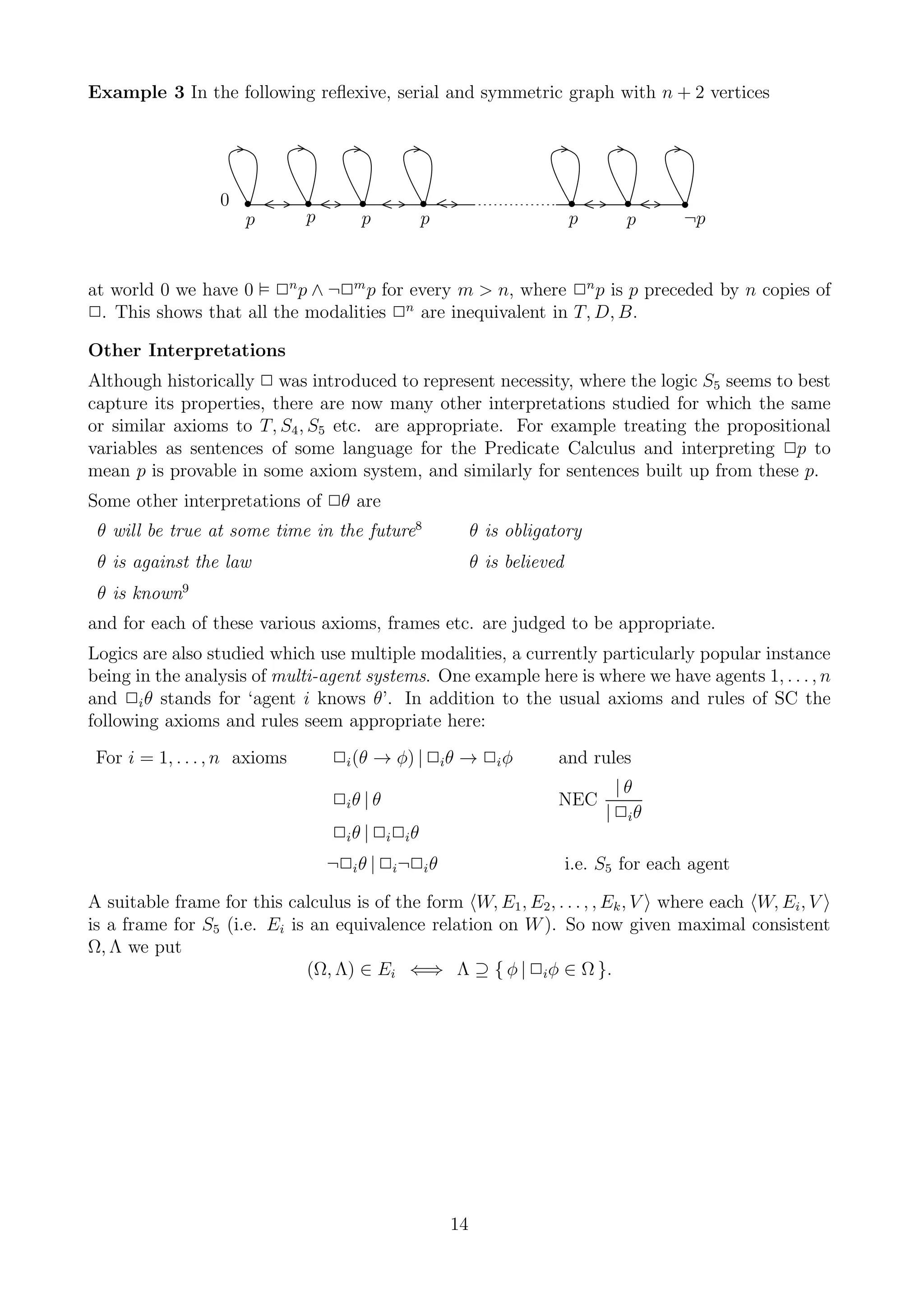 Example 3 In the following reﬂexive, serial and symmetric graph with n + 2 vertices




                  0
                      p        p        p           p                        p       p      ¬p


at world 0 we have 0 2n p ∧ ¬2m p for every m > n, where 2n p is p preceded by n copies of
2. This shows that all the modalities 2n are inequivalent in T, D, B.

Other Interpretations
Although historically 2 was introduced to represent necessity, where the logic S5 seems to best
capture its properties, there are now many other interpretations studied for which the same
or similar axioms to T, S4 , S5 etc. are appropriate. For example treating the propositional
variables as sentences of some language for the Predicate Calculus and interpreting 2p to
mean p is provable in some axiom system, and similarly for sentences built up from these p.
Some other interpretations of 2θ are
 θ will be true at some time in the future8                  θ is obligatory
 θ is against the law                                        θ is believed
 θ is known9
and for each of these various axioms, frames etc. are judged to be appropriate.
Logics are also studied which use multiple modalities, a currently particularly popular instance
being in the analysis of multi-agent systems. One example here is where we have agents 1, . . . , n
and 2i θ stands for ‘agent i knows θ’. In addition to the usual axioms and rules of SC the
following axioms and rules seem appropriate here:
 For i = 1, . . . , n axioms       2i (θ → φ) | 2i θ → 2i φ              and rules
                                                                                    |θ
                                   2i θ | θ                              NEC
                                                                                  | 2i θ
                                   2i θ | 2i 2i θ
                                   ¬2i θ | 2i ¬2i θ                          i.e. S5 for each agent

A suitable frame for this calculus is of the form W, E1 , E2 , . . . , , Ek , V where each W, Ei , V
is a frame for S5 (i.e. Ei is an equivalence relation on W ). So now given maximal consistent
Ω, Λ we put
                             (Ω, Λ) ∈ Ei ⇐⇒ Λ ⊇ { φ | 2i φ ∈ Ω }.




                                                        14
 