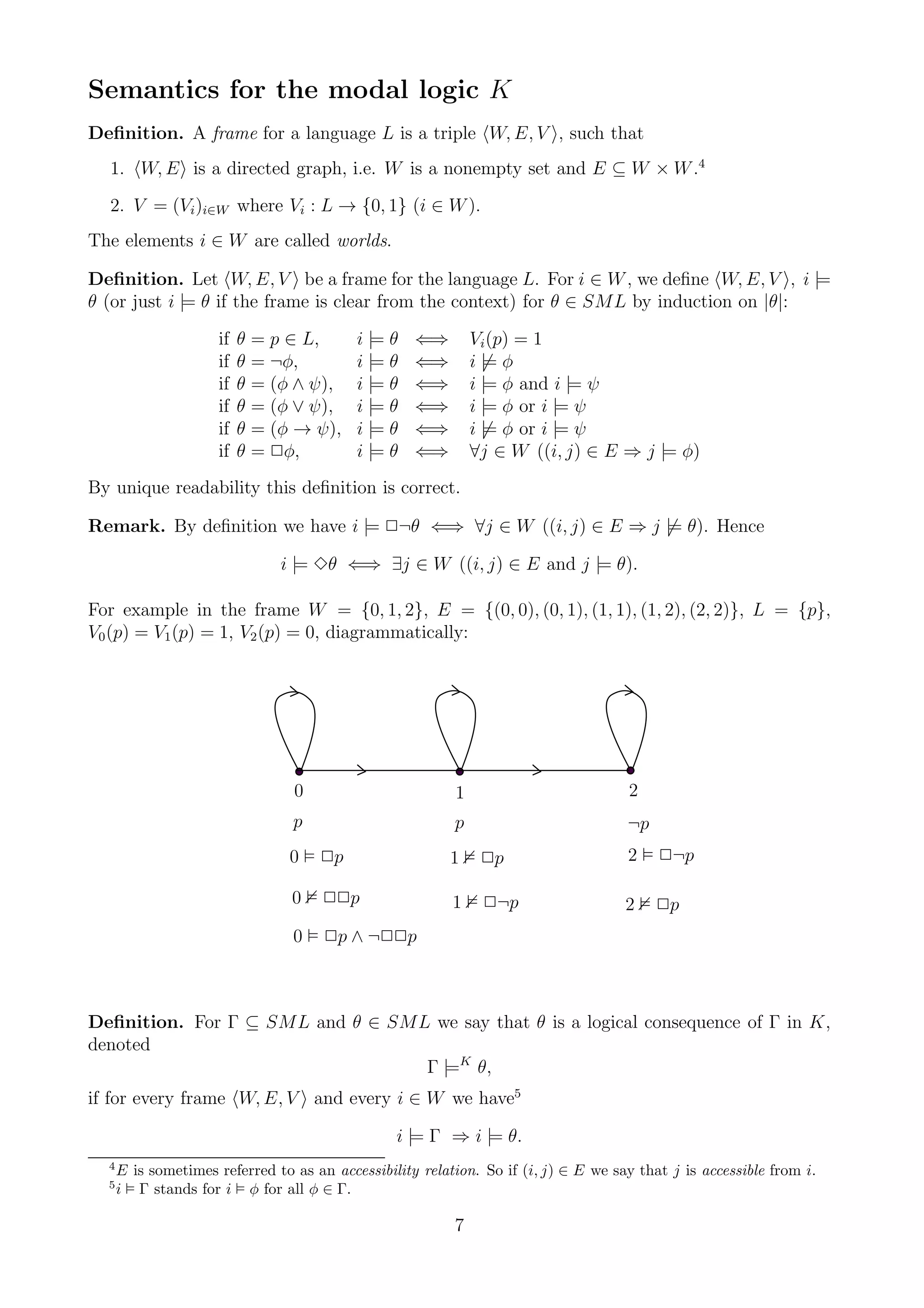 Semantics for the modal logic K
Deﬁnition. A frame for a language L is a triple W, E, V , such that
  1. W, E is a directed graph, i.e. W is a nonempty set and E ⊆ W × W .4
  2. V = (Vi )i∈W where Vi : L → {0, 1} (i ∈ W ).
The elements i ∈ W are called worlds.

Deﬁnition. Let W, E, V be a frame for the language L. For i ∈ W , we deﬁne W, E, V , i |=
θ (or just i |= θ if the frame is clear from the context) for θ ∈ SML by induction on |θ|:

                     if   θ   = p ∈ L,     i |= θ   ⇐⇒        Vi (p) = 1
                     if   θ   = ¬φ,        i |= θ   ⇐⇒        i |= φ
                     if   θ   = (φ ∧ ψ),   i |= θ   ⇐⇒        i |= φ and i |= ψ
                     if   θ   = (φ ∨ ψ),   i |= θ   ⇐⇒        i |= φ or i |= ψ
                     if   θ   = (φ → ψ),   i |= θ   ⇐⇒        i |= φ or i |= ψ
                     if   θ   = 2φ,        i |= θ   ⇐⇒        ∀j ∈ W ((i, j) ∈ E ⇒ j |= φ)
By unique readability this deﬁnition is correct.

Remark. By deﬁnition we have i |= 2¬θ ⇐⇒ ∀j ∈ W ((i, j) ∈ E ⇒ j |= θ). Hence

                                 i |= 3θ ⇐⇒ ∃j ∈ W ((i, j) ∈ E and j |= θ).

For example in the frame W = {0, 1, 2}, E = {(0, 0), (0, 1), (1, 1), (1, 2), (2, 2)}, L = {p},
V0 (p) = V1 (p) = 1, V2 (p) = 0, diagrammatically:




                                  0                       1                          2
                                  p                       p                          ¬p
                                  0   2p                  1    2p                    2    2¬p

                                  0   22p                 1    2¬p                   2    2p
                                  0   2p ∧ ¬22p



Deﬁnition. For Γ ⊆ SML and θ ∈ SML we say that θ is a logical consequence of Γ in K,
denoted
                                  Γ |=K θ,
if for every frame W, E, V and every i ∈ W we have5

                                                 i |= Γ ⇒ i |= θ.
  4
      E is sometimes referred to as an accessibility relation. So if (i, j) ∈ E we say that j is accessible from i.
  5
      i Γ stands for i φ for all φ ∈ Γ.

                                                          7
 