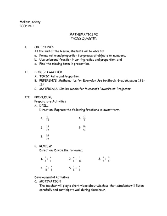 Math 6 lesson plan ratio and proportion pdf