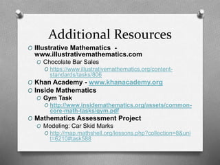 Additional Resources
O Illustrative Mathematics -
www.illustrativemathematics.com
O Chocolate Bar Sales
O https://www.illustrativemathematics.org/content-
standards/tasks/806
O Khan Academy - www.khanacademy.org
O Inside Mathematics
O Gym Task
O http://www.insidemathematics.org/assets/common-
core-math-tasks/gym.pdf
O Mathematics Assessment Project
O Modeling: Car Skid Marks
O http://map.mathshell.org/lessons.php?collection=8&uni
t=6210#task588
 