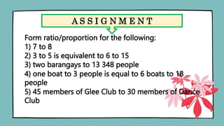 A S S I G N M E N T
Form ratio/proportion for the following:
1) 7 to 8
2) 3 to 5 is equivalent to 6 to 15
3) two barangays to 13 348 people
4) one boat to 3 people is equal to 6 boats to 18
people
5) 45 members of Glee Club to 30 members of Dance
Club
 