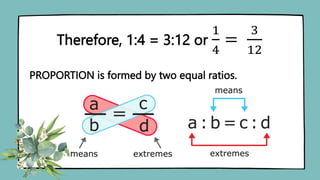 Therefore, 1:4 = 3:12 or
1
4
=
3
12
PROPORTION is formed by two equal ratios.
 