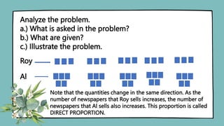 Analyze the problem.
a.) What is asked in the problem?
b.) What are given?
c.) Illustrate the problem.
Roy
Al
Note that the quantities change in the same direction. As the
number of newspapers that Roy sells increases, the number of
newspapers that Al sells also increases. This proportion is called
DIRECT PROPORTION.
 