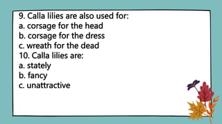 9. Calla lilies are also used for:
a. corsage for the head
b. corsage for the dress
c. wreath for the dead
10. Calla lilies are:
a. stately
b. fancy
c. unattractive
 