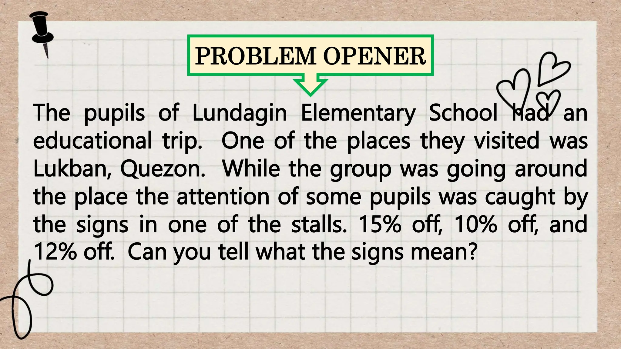 The pupils of Lundagin Elementary School had an
educational trip. One of the places they visited was
Lukban, Quezon. While the group was going around
the place the attention of some pupils was caught by
the signs in one of the stalls. 15% off, 10% off, and
12% off. Can you tell what the signs mean?
PROBLEM OPENER
 