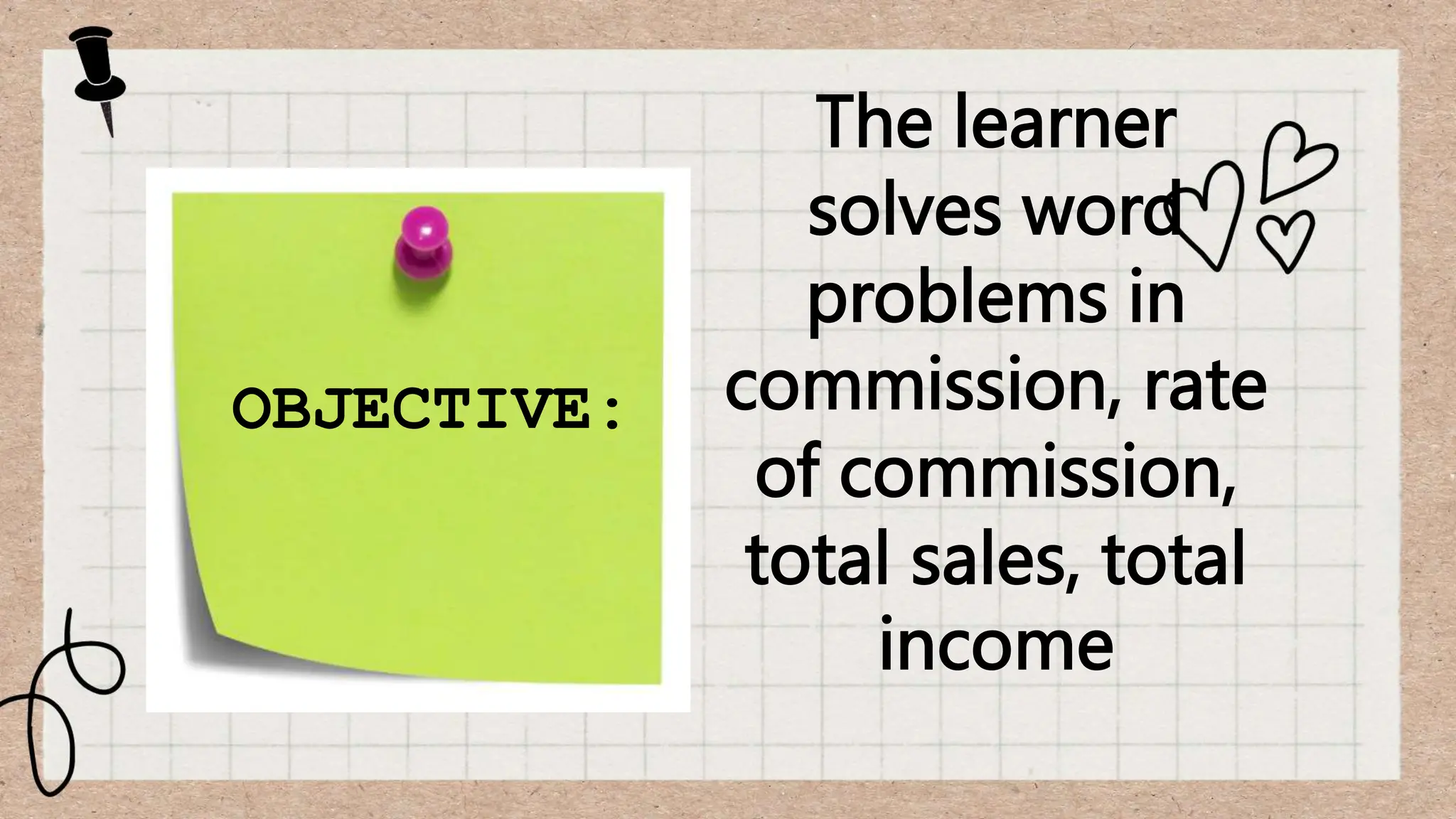 OBJECTIVE:
The learner
solves word
problems in
commission, rate
of commission,
total sales, total
income
 