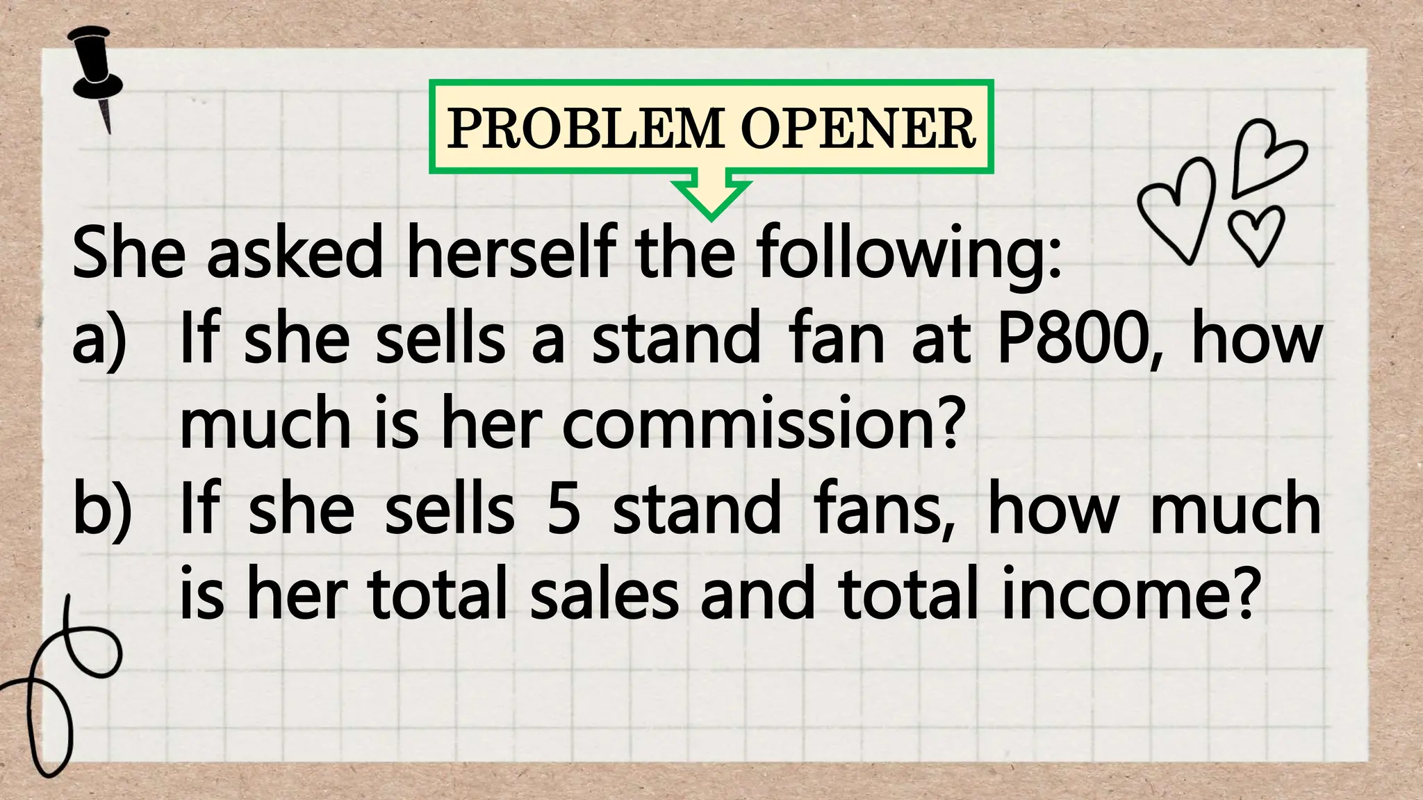 PROBLEM OPENER
She asked herself the following:
a) If she sells a stand fan at P800, how
much is her commission?
b) If she sells 5 stand fans, how much
is her total sales and total income?
 