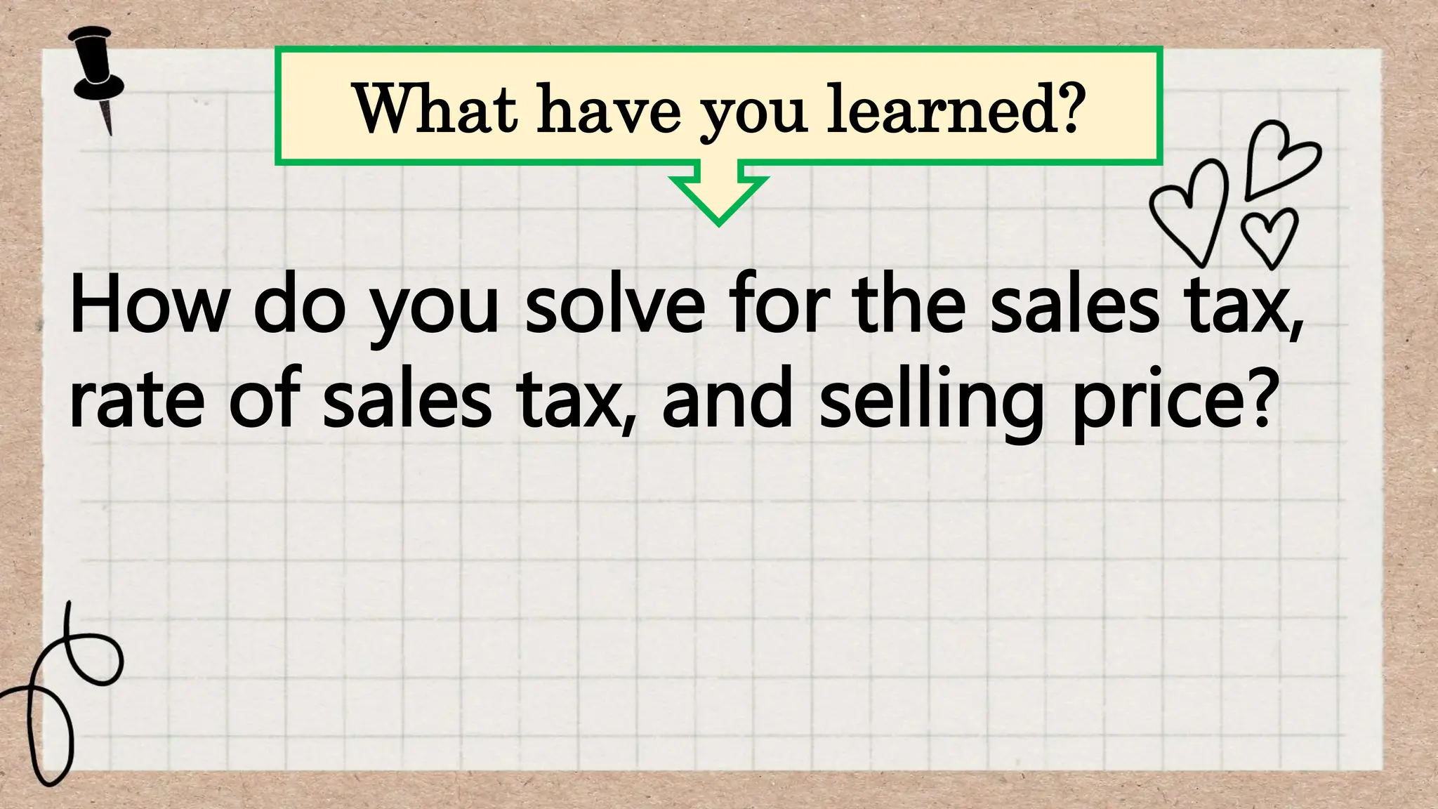 How do you solve for the sales tax,
rate of sales tax, and selling price?
What have you learned?
 