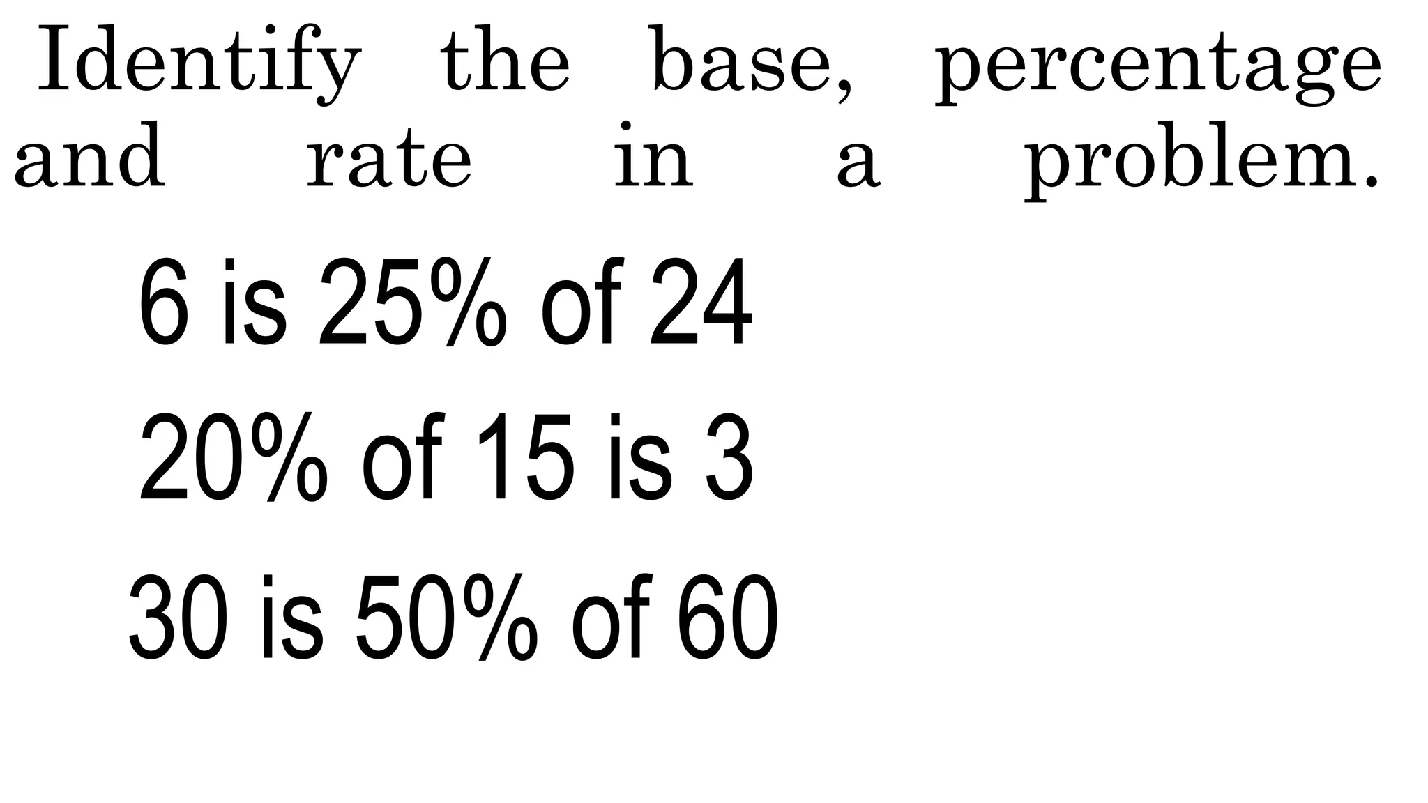 Identify the base, percentage
and rate in a problem.
6 is 25% of 24
20% of 15 is 3
30 is 50% of 60
 