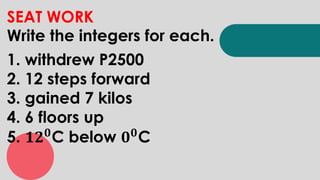SEAT WORK
Write the integers for each.
1. withdrew P2500
2. 12 steps forward
3. gained 7 kilos
4. 6 floors up
5. 𝟏𝟐𝟎
C below 𝟎𝟎
C
 