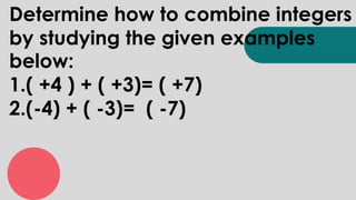 Determine how to combine integers
by studying the given examples
below:
1.( +4 ) + ( +3)= ( +7)
2.(-4) + ( -3)= ( -7)
 