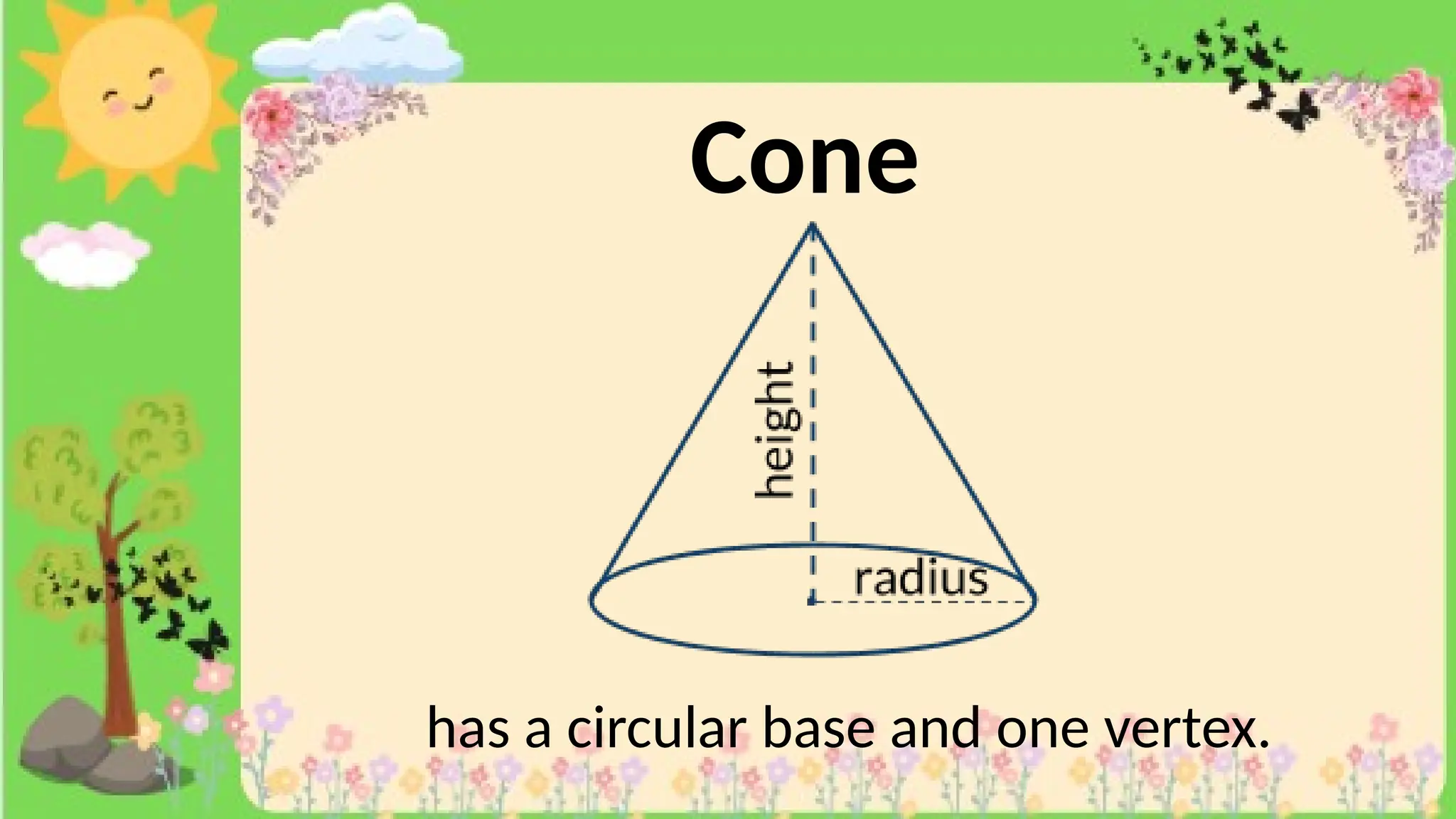 Cone
has a circular base and one vertex.
 