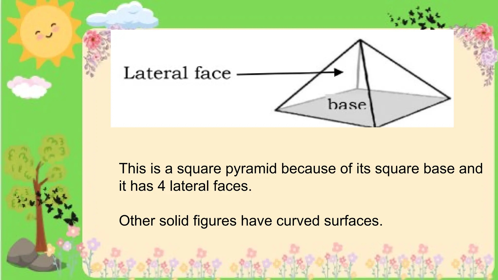 This is a square pyramid because of its square base and
it has 4 lateral faces.
Other solid figures have curved surfaces.
 