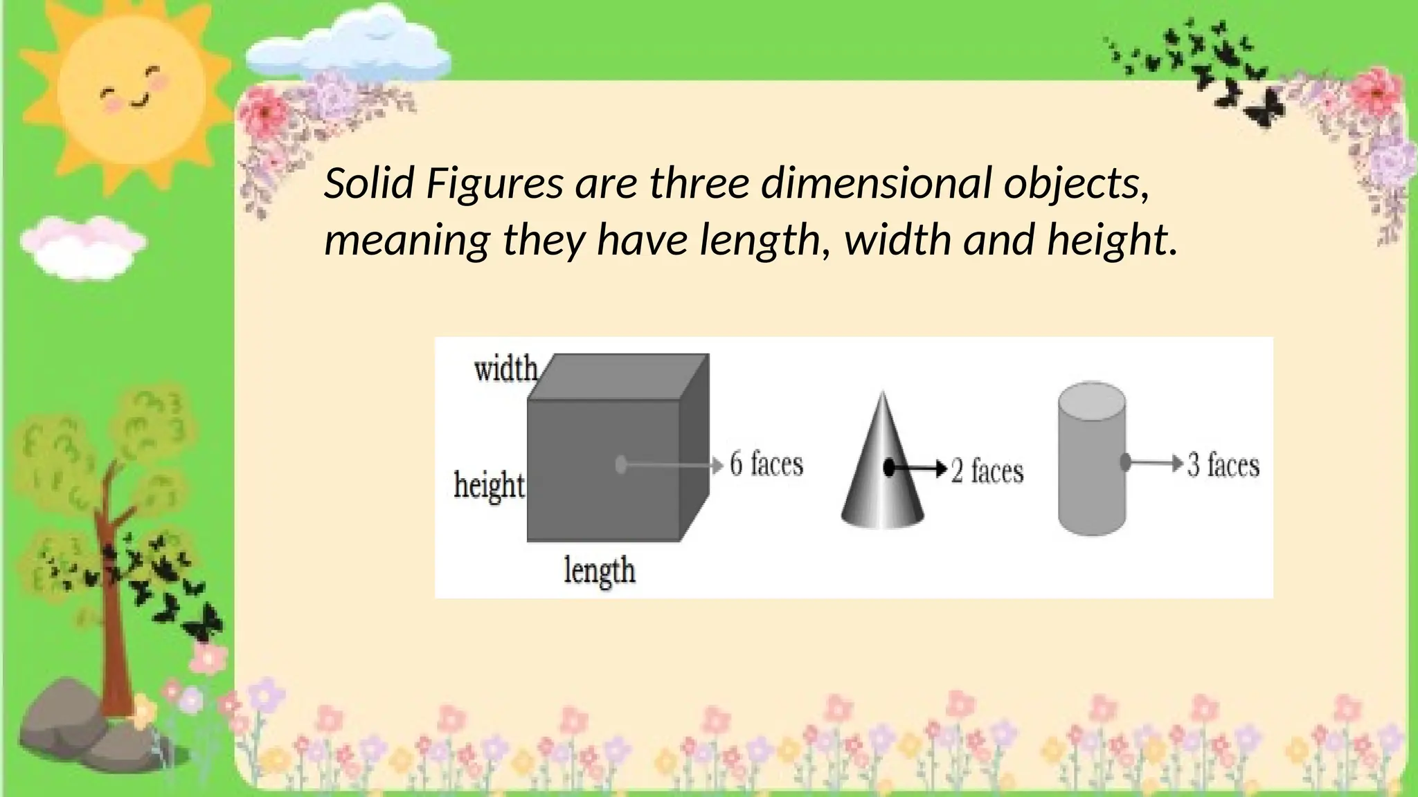 Solid Figures are three dimensional objects,
meaning they have length, width and height.
 
