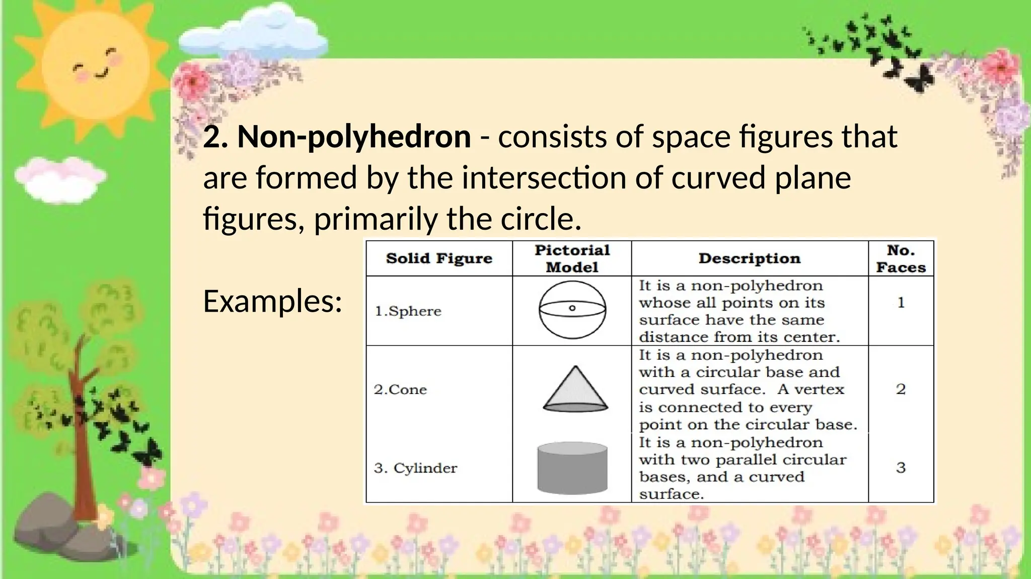 2. Non-polyhedron - consists of space figures that
are formed by the intersection of curved plane
figures, primarily the circle.
Examples:
 