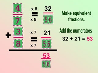 x 7
x 7
x 8
x 8 32
21
32 + 21 = 53
53
 