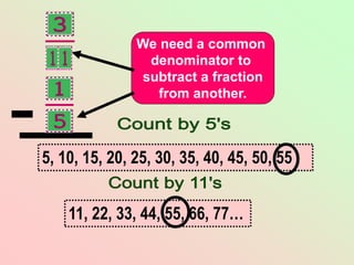 5, 10, 15, 20, 25, 30, 35, 40, 45, 50, 55
We need a common
denominator to
subtract a fraction
from another.
11, 22, 33, 44, 55, 66, 77…
 