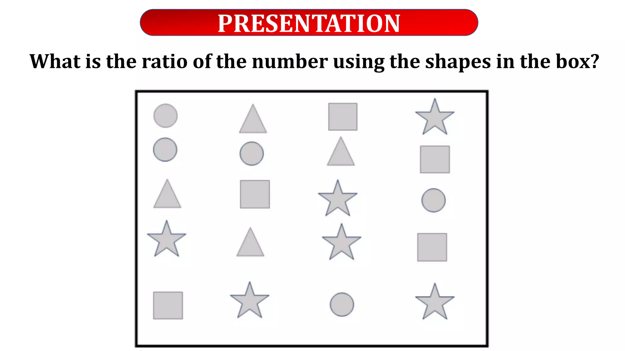 PRESENTATION
What is the ratio of the number using the shapes in the box?
 