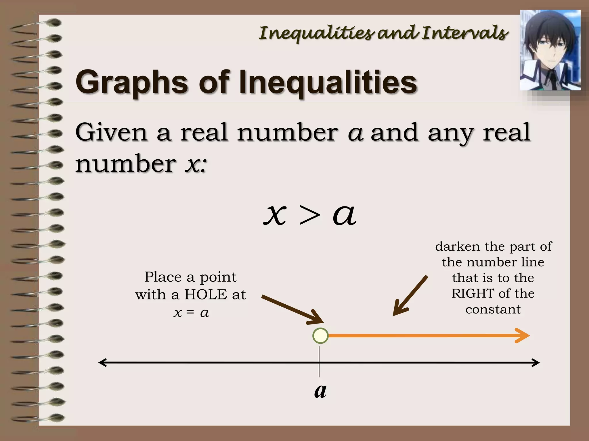 Given a real number a and any real
number x:
Graphs of Inequalities
a
darken the part of
the number line
that is to the
RIGHT of the
constant
Place a point
with a HOLE at
x = a
x a
Inequalities and Intervals
 