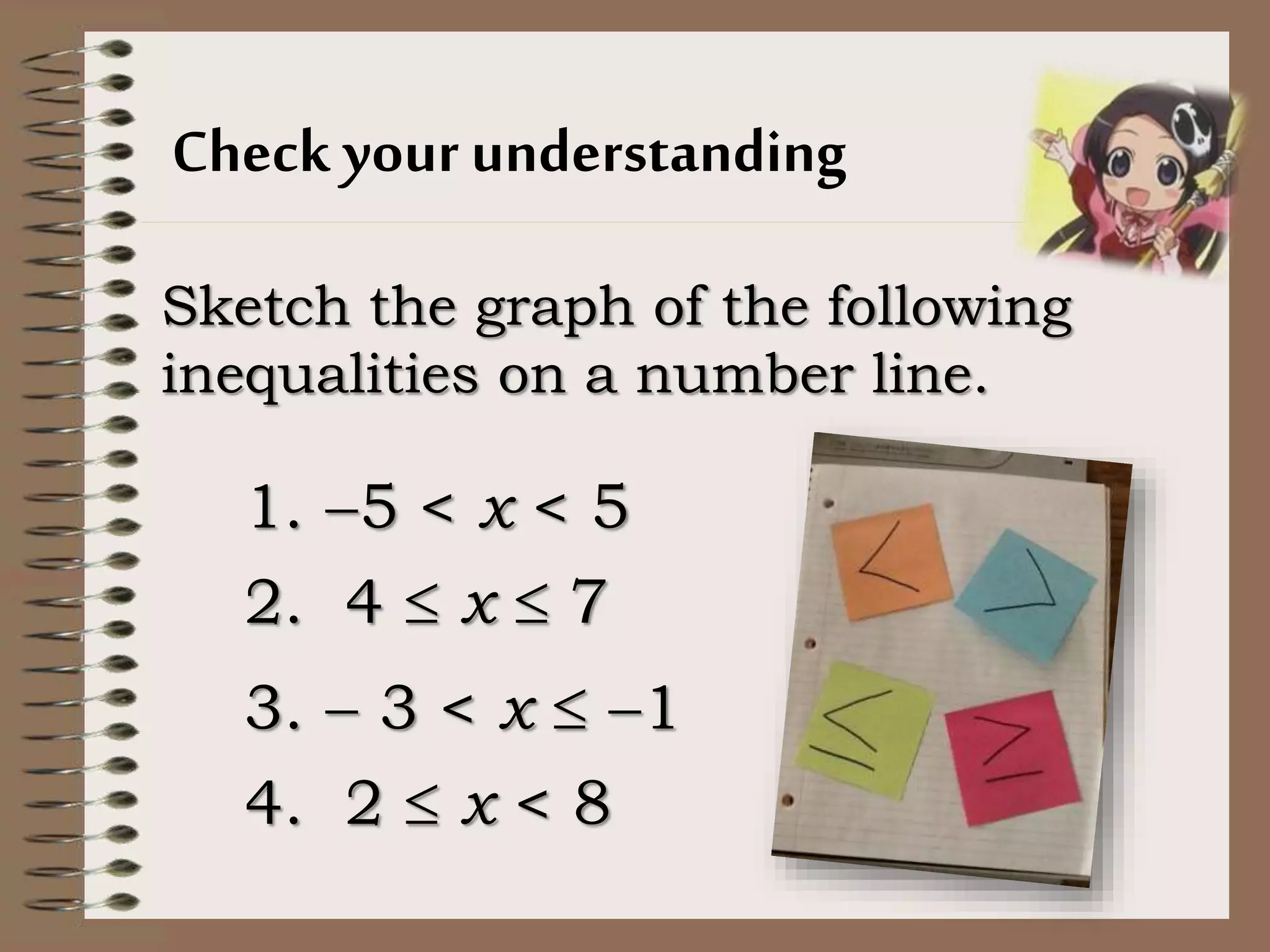 Check your understanding
Sketch the graph of the following
inequalities on a number line.
1. 5 < x < 5
2. 4  x  7
3.  3 < x  1
4. 2  x < 8
 