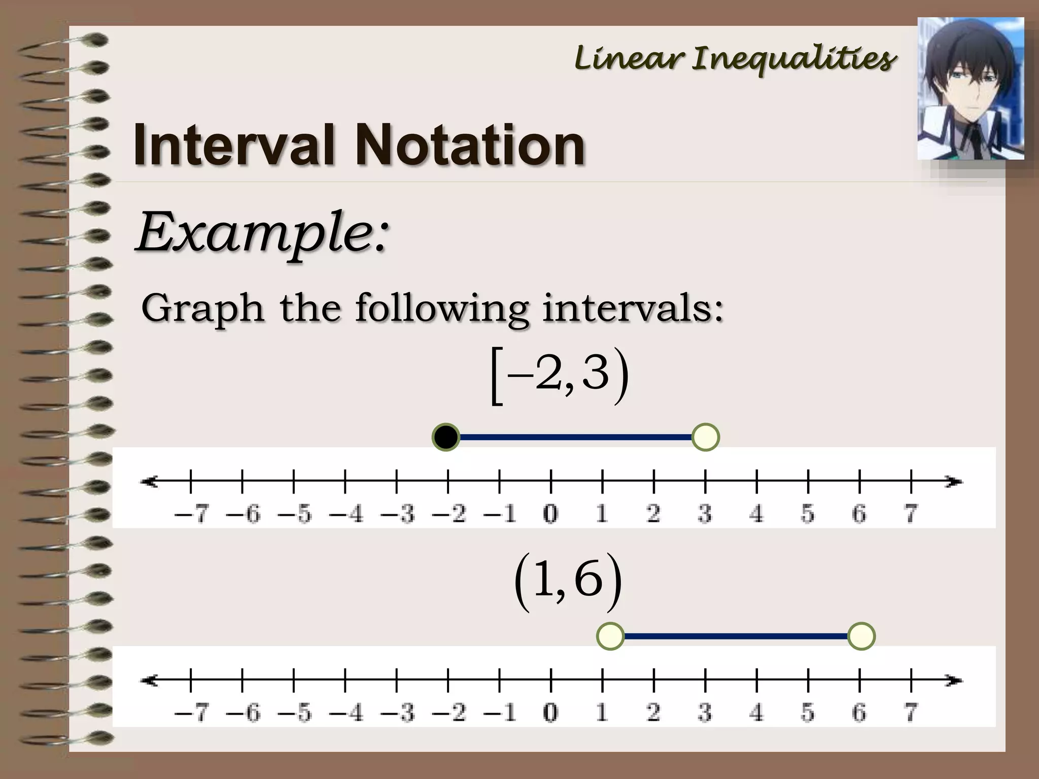 Interval Notation
Linear Inequalities
Example:
Graph the following intervals:
 2,3
 1,6
 