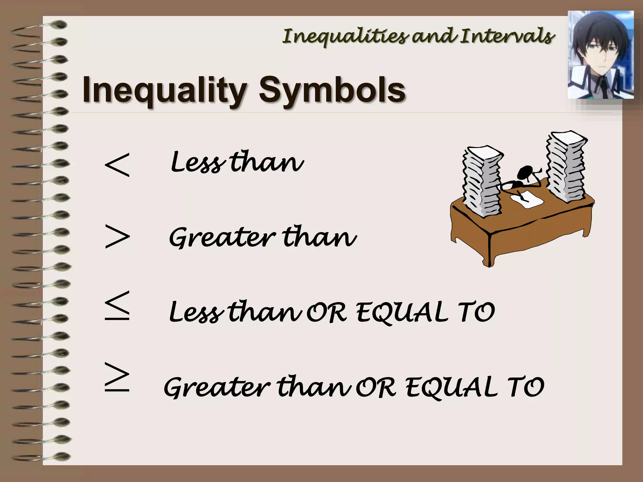 


 Less than
Greater than
Less than OR EQUAL TO
Greater than OR EQUAL TO
Inequality Symbols
Inequalities and Intervals
 