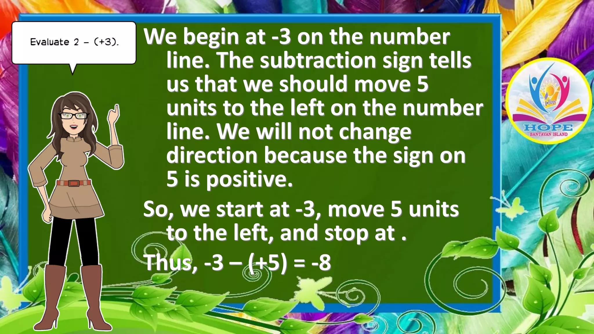 We begin at -3 on the number
line. The subtraction sign tells
us that we should move 5
units to the left on the number
line. We will not change
direction because the sign on
5 is positive.
So, we start at -3, move 5 units
to the left, and stop at .
Thus, -3 – (+5) = -8
 
