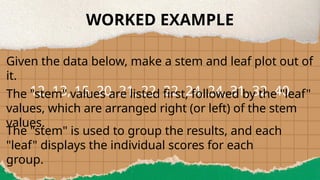 WORKED EXAMPLE
Given the data below, make a stem and leaf plot out of
it.
12, 13, 15, 20, 21, 22, 22, 24, 24, 31, 32, 40
The "stem" values are listed first, followed by the "leaf"
values, which are arranged right (or left) of the stem
values.
The "stem" is used to group the results, and each
"leaf" displays the individual scores for each
group.
 