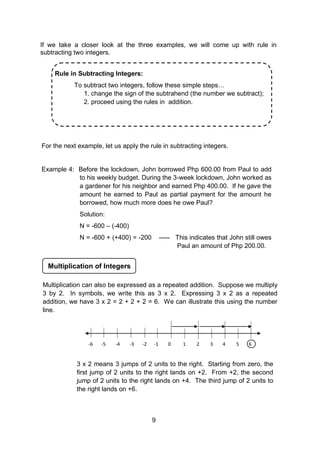 If we take a closer look at the three examples, we will come up with rule in
subtracting two integers.
For the next example, let us apply the rule in subtracting integers.
Example 4: Before the lockdown, John borrowed Php 600.00 from Paul to add
to his weekly budget. During the 3-week lockdown, John worked as
a gardener for his neighbor and earned Php 400.00. If he gave the
amount he earned to Paul as partial payment for the amount he
borrowed, how much more does he owe Paul?
Solution:
N = -600 – (-400)
N = -600 + (+400) = -200 ----- This indicates that John still owes
Paul an amount of Php 200.00.
Multiplication of Integers
Multiplication can also be expressed as a repeated addition. Suppose we multiply
3 by 2. In symbols, we write this as 3 x 2. Expressing 3 x 2 as a repeated
addition, we have 3 x 2 = 2 + 2 + 2 = 6. We can illustrate this using the number
line.
3 x 2 means 3 jumps of 2 units to the right. Starting from zero, the
first jump of 2 units to the right lands on +2. From +2, the second
jump of 2 units to the right lands on +4. The third jump of 2 units to
the right lands on +6.
-6 -5 -4 -3 -2 -1 0 1 2 3 4 5 6
Rule in Subtracting Integers:
To subtract two integers, follow these simple steps…
1. change the sign of the subtrahend (the number we subtract);
2. proceed using the rules in addition.
9
 