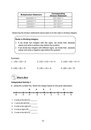 12
1. 2 units to the left of A _______
2. 1 unit to the left of B ________
3. 5 units to the right of C _______
4. 3 units to right of B _________
5. 3 units to the left of E _______
A. Using the number line. Name the integer based on the given description.
Independent Activity 1:
D A B C E
-8 - 6 -4 -2 0 2 4 6 8
Multiplication Statement
Corresponding
Division Statement
(+) x (+) = + (+) ÷ (+) = +
(-) x (-) = + (+) ÷ (-) = -
(+) x (-) = - (-) ÷ (-) = +
(-) x (+) = - (-) ÷ (+) = -
Observing the division statements above lead us to the rules in dividing integers.
Rules in Dividing Integers:
 If we divide two integers with like signs, we divide their absolute
values and write a positive sign before the quotient.
 If we divide two integers with different signs, we divide their absolute
values and write a negative sign before the quotient.
Examples:
1. (10) ÷ (-5) = -2 2. (12) ÷ (+3) = +4 = 4 3. (-24) ÷ (-8) = +3 = 3
4. (-25) ÷ (5) = -5 5. (18) ÷ (-3) = -6 6. (20) ÷ (2) = 10
What’s More
 
