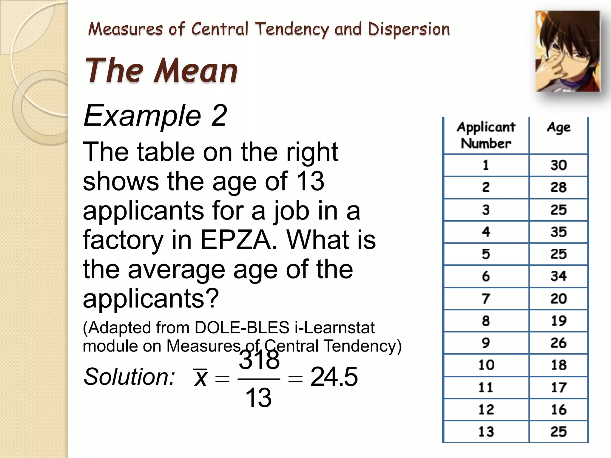 Measures of Central Tendency and Dispersion

The Mean
Example 2
The table on the right
shows the age of 13
applicants for a job in a
factory in EPZA. What is
the average age of the
applicants?
(Adapted from DOLE-BLES i-Learnstat
module on Measures of Central Tendency)

Solution: x

318
13

24.5

 