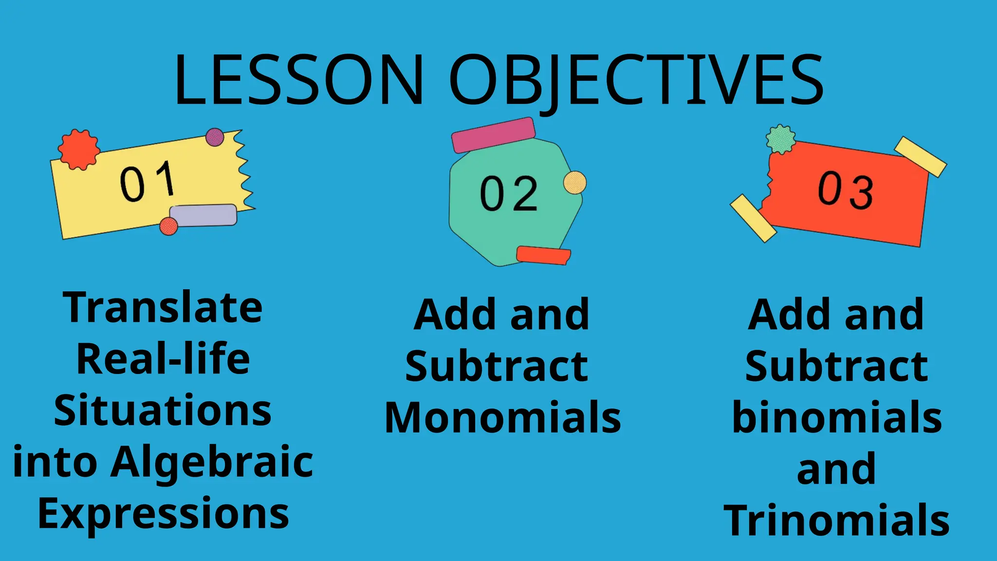 LESSON OBJECTIVES
Translate
Real-life
Situations
into Algebraic
Expressions
Add and
Subtract
Monomials
Add and
Subtract
binomials
and
Trinomials
 