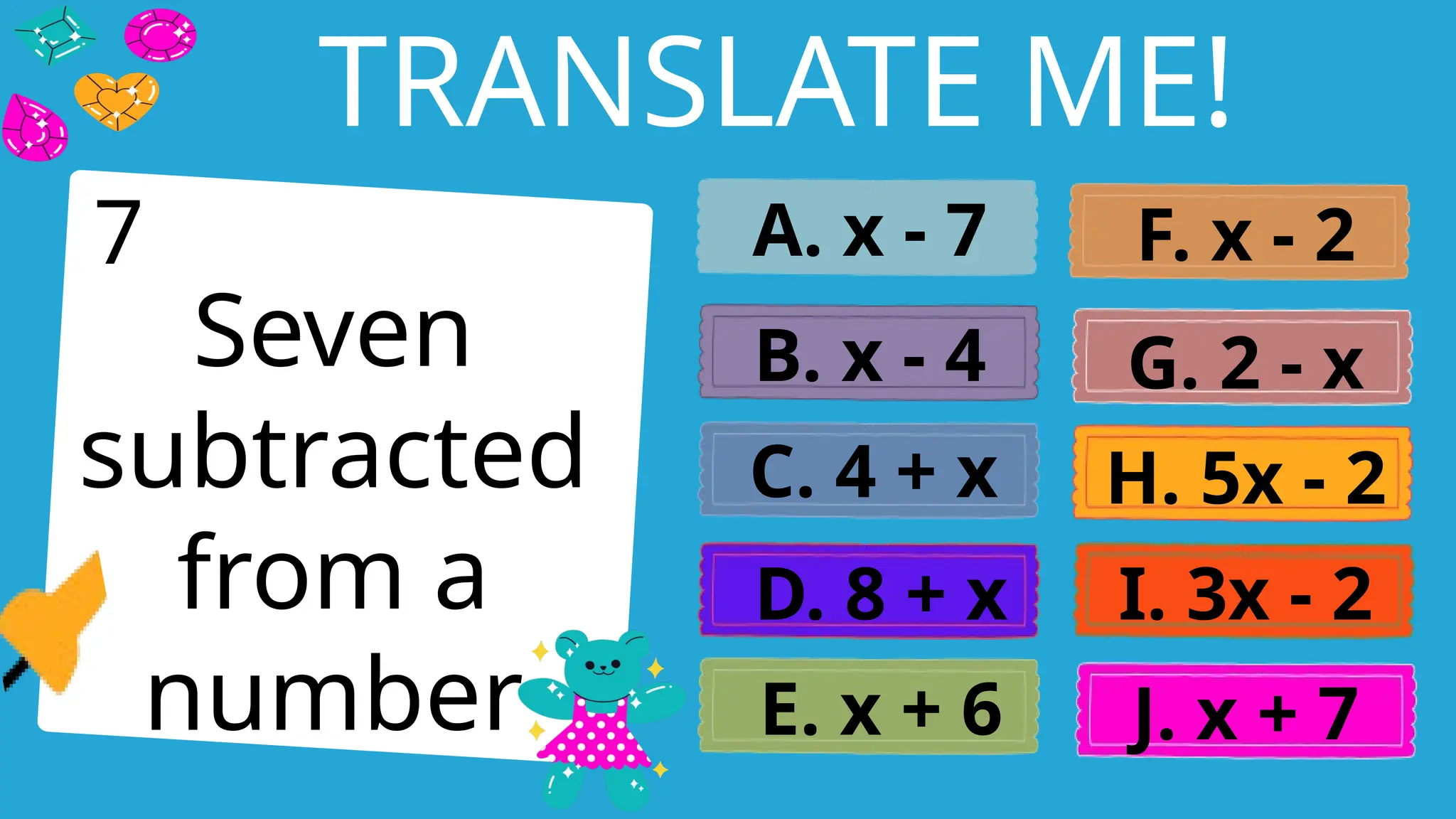 Write an agenda here.
TRANSLATE ME!
Seven
subtracted
from a
number
A. x - 7
B. x - 4
C. 4 + x
D. 8 + x
E. x + 6
F. x - 2
G. 2 - x
H. 5x - 2
I. 3x - 2
J. x + 7
7
 