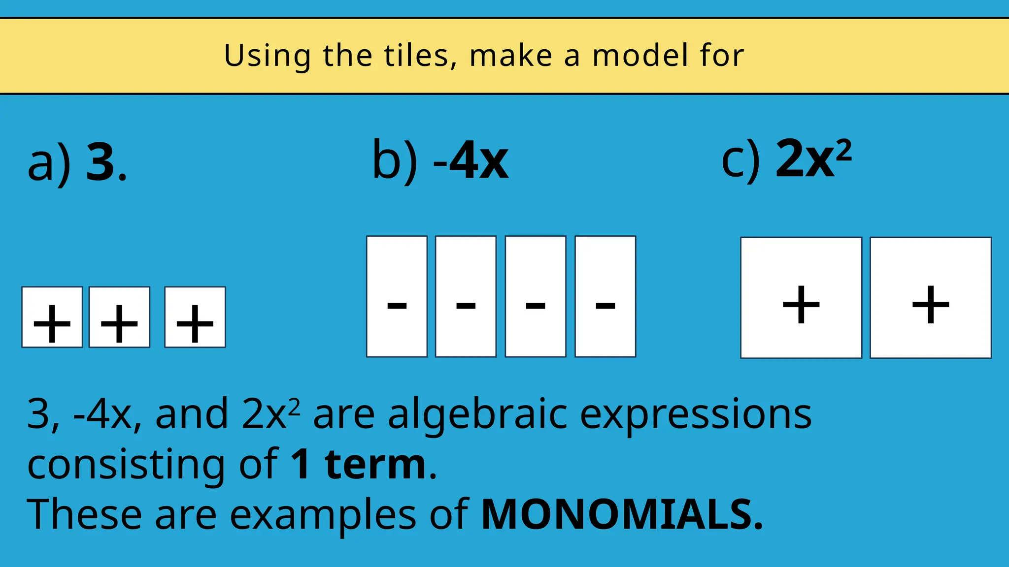 a) 3.
+ + +
b) -4x
- - - -
c) 2x2
+ +
3, -4x, and 2x2
are algebraic expressions
consisting of 1 term.
These are examples of MONOMIALS.
Using the tiles, make a model for
 