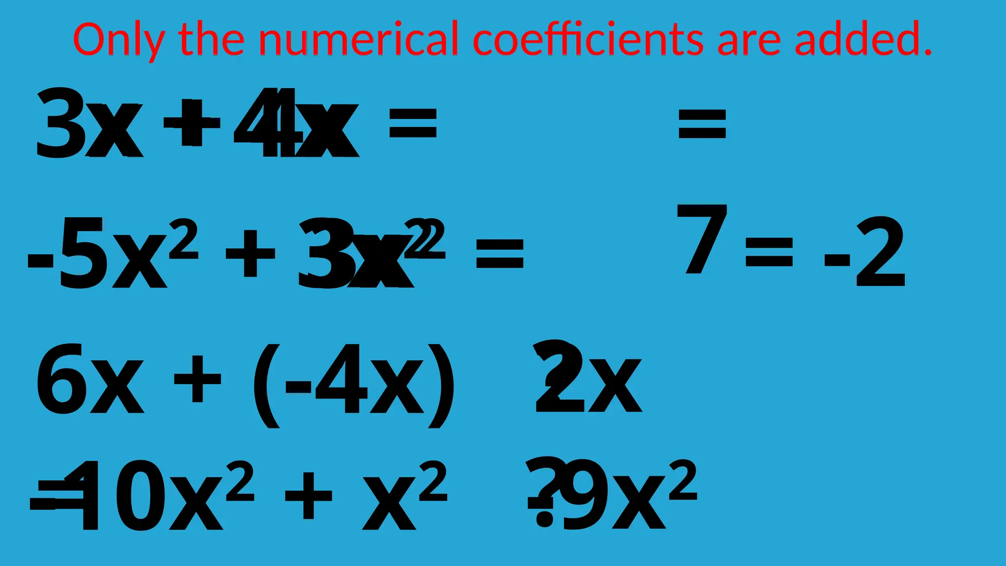 3x + 4x =
3 4
+ =
7
x x
-5x2
+ 3x2
=
-5 3
+ = -2
x2
x2
6x + (-4x)
=
2x
?
-10x2
+ x2 -9x2
?
Only the numerical coefficients are added.
 