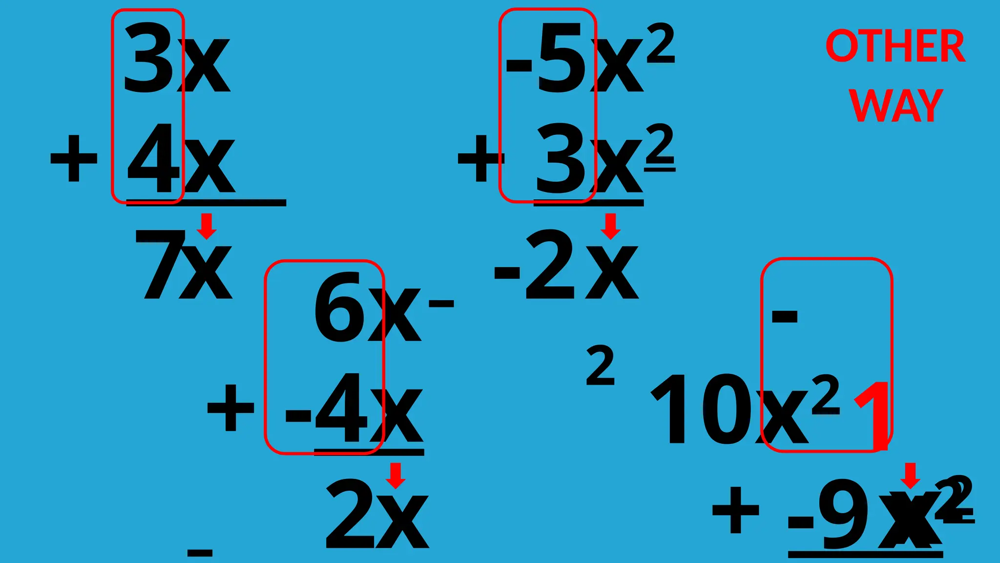 3x
+ 4x
7x
-5x2
+ 3x2
-2x
2
6x
+ -4x
2x
-
10x2
+ x2
-9x2
1
OTHER
WAY
 