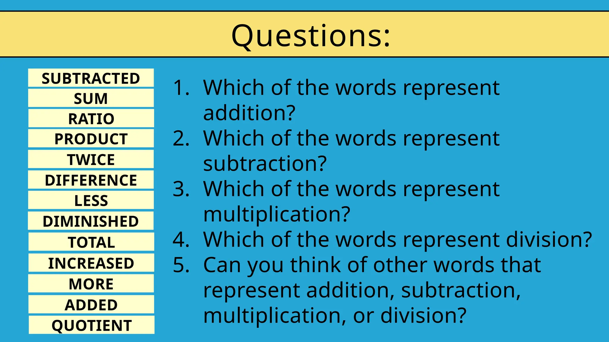 Questions:
1. Which of the words represent
addition?
2. Which of the words represent
subtraction?
3. Which of the words represent
multiplication?
4. Which of the words represent division?
5. Can you think of other words that
represent addition, subtraction,
multiplication, or division?
SUBTRACTED
SUM
PRODUCT
TWICE
DIFFERENCE
LESS
DIMINISHED
RATIO
TOTAL
INCREASED
MORE
ADDED
QUOTIENT
 