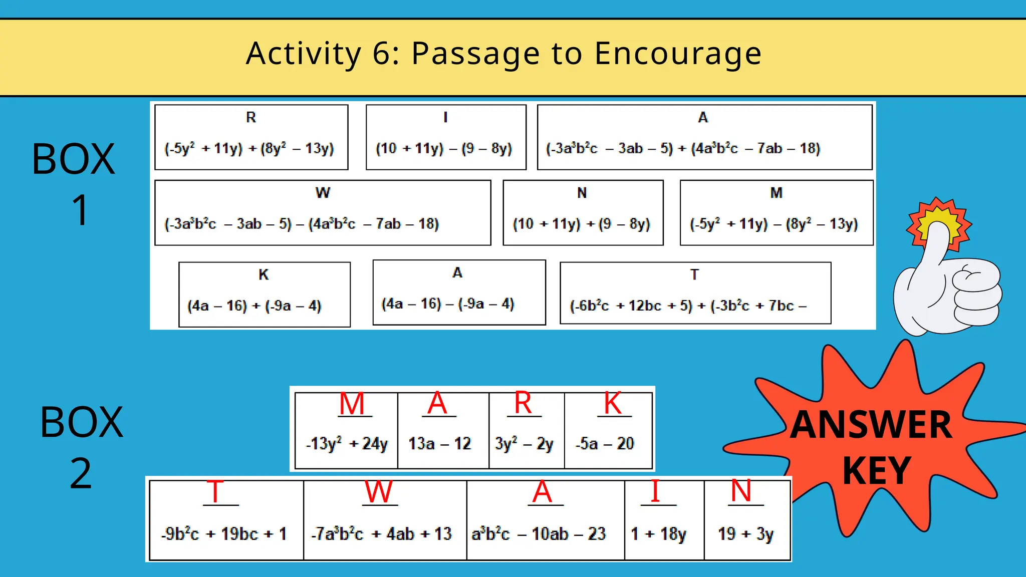 Activity 6: Passage to Encourage
BOX
1
BOX
2
ANSWER
KEY
M A R K
T W A I N
 