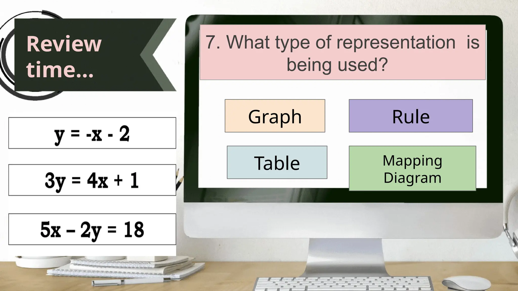 Review
time...
7. What type of representation is
being used?
Graph
Table
Rule
Mapping
Diagram
 