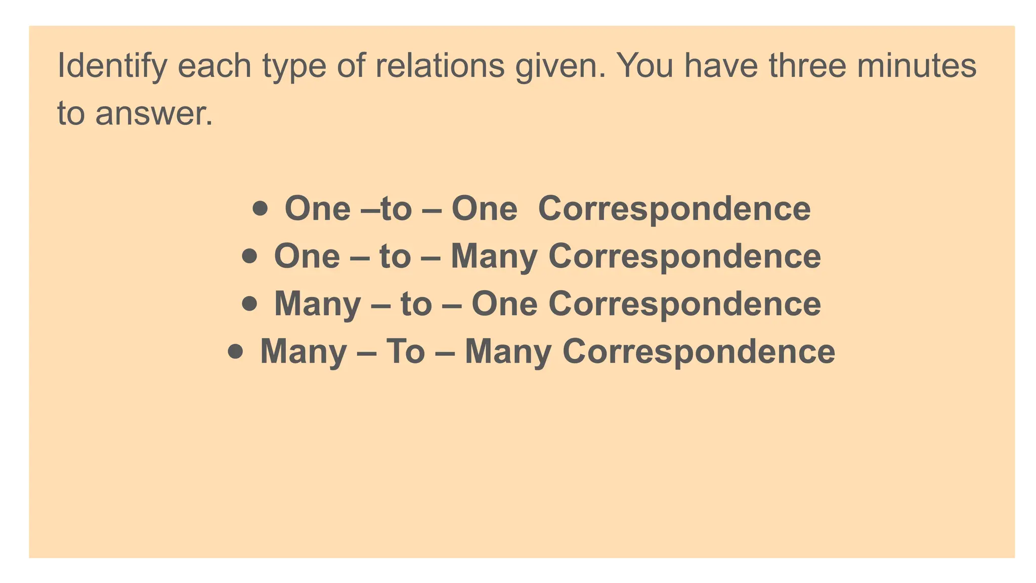 Identify each type of relations given. You have three minutes
to answer.
● One –to – One Correspondence
● One – to – Many Correspondence
● Many – to – One Correspondence
● Many – To – Many Correspondence
 