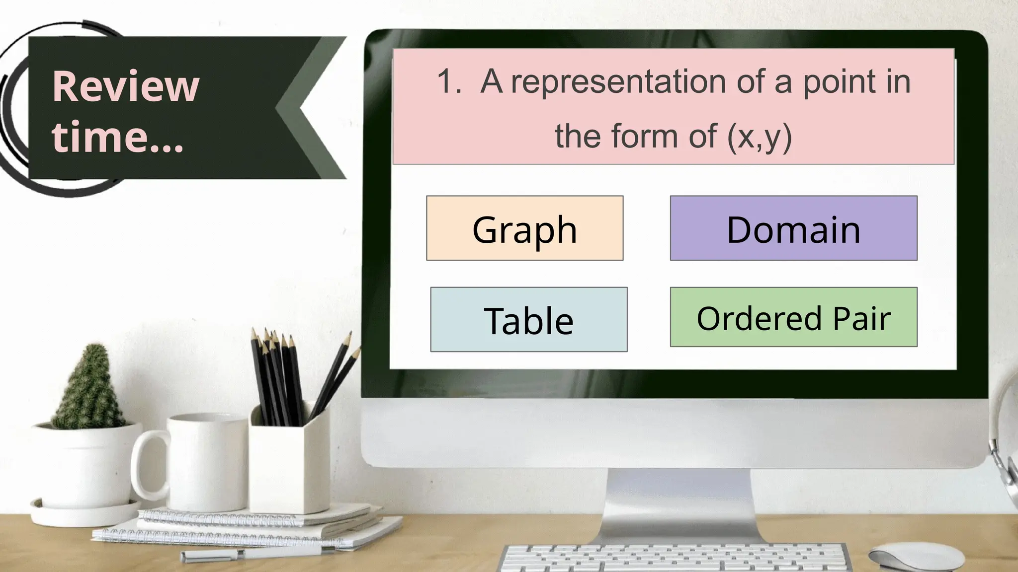 Review
time...
1. A representation of a point in
the form of (x,y)
Graph
Table
Domain
Ordered Pair
 