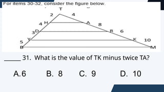 ______ 31. What is the value of TK minus twice TA?
A.6 B. 8 C. 9 D. 10
 