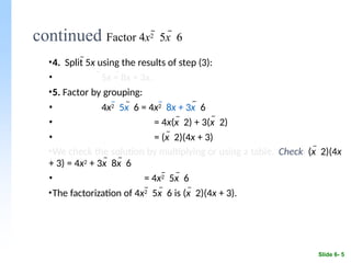•4. Split 5x using the results of step (3):
• 5x = 8x + 3x.
•5. Factor by grouping:
Slide 6- 5
•
•
•
4x2  5x  6 = 4x2  8x + 3x  6
= 4x(x  2) + 3(x  2)
= (x  2)(4x + 3)
•We check the solution by multiplying or using a table. Check: (x  2)(4x
+ 3) = 4x2 + 3x  8x  6
• = 4x2  5x  6
•The factorization of 4x2  5x  6 is (x  2)(4x + 3).
continued Factor 4x2  5x  6
 