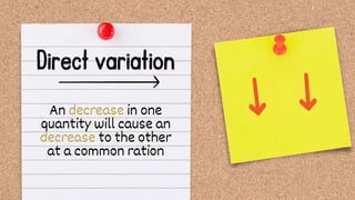 An decrease in one
quantity will cause an
decrease to the other
at a common ration
 